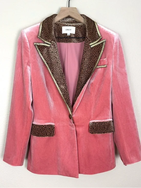 Oyrosy Pink & Leopard Print Velvet Blazer Jacket Gold Metallic Trim Size Medium - Picture 4 of 9